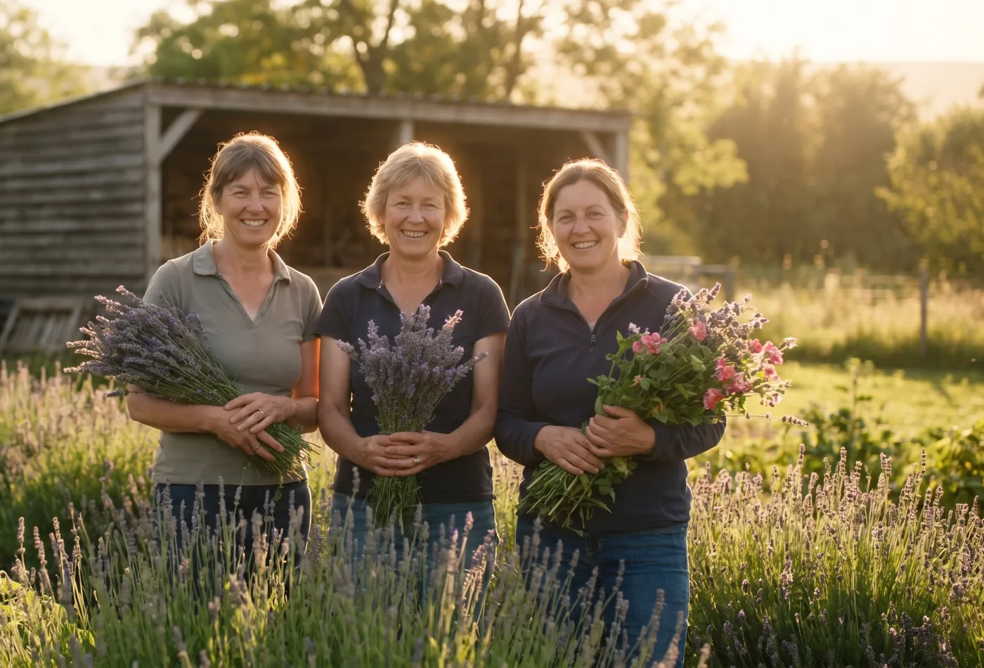 Three women growers at a Co-Impact Sourcing partner farm, holding freshly harvested lavender bundles at golden hour
