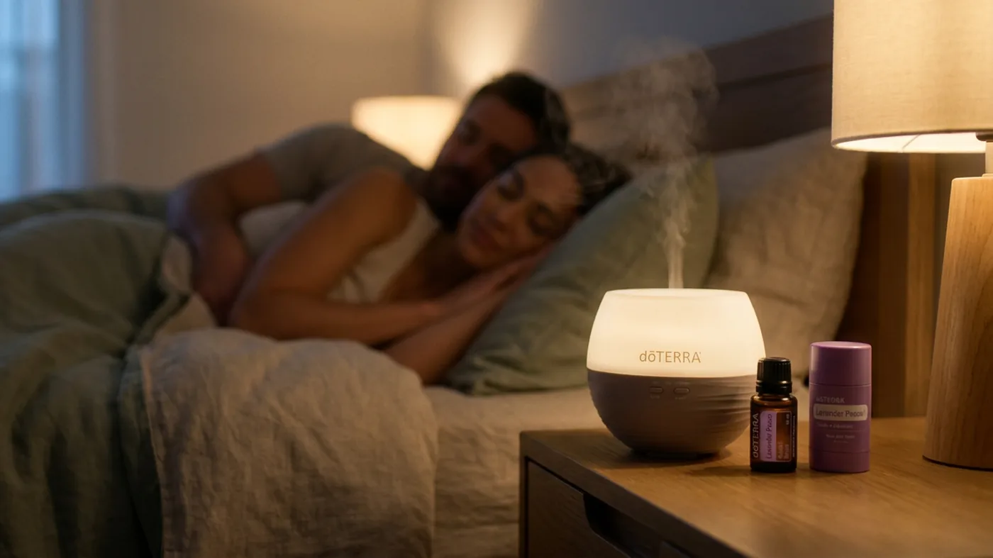 A couple sleeping peacefully as the dōTERRA Petal Diffuser mists the room, the Lavender Peace blend and stick on the nightstand