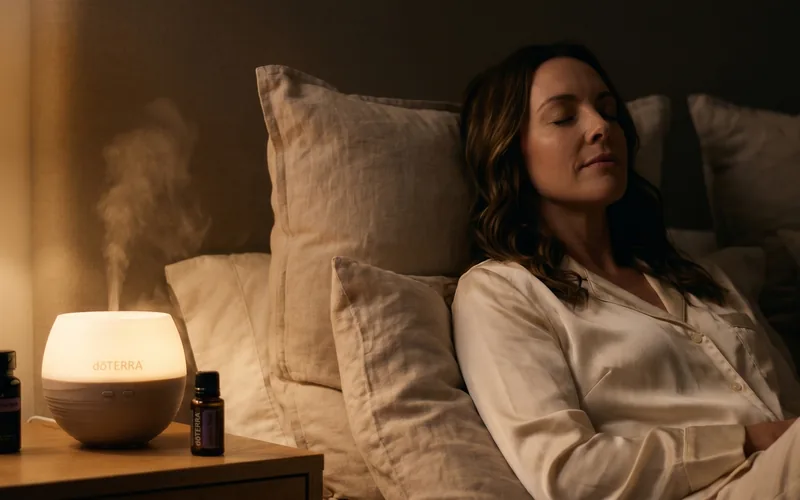 A woman resting calmly at night beside a glowing dōTERRA diffuser