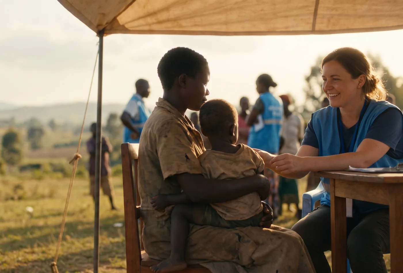 A health worker smiling with a mother and child at a mobile community health clinic in a rural sourcing region