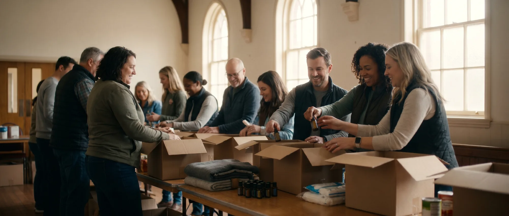 A diverse group of volunteers laughing while assembling relief packs at a long table in a sunlit community hall
