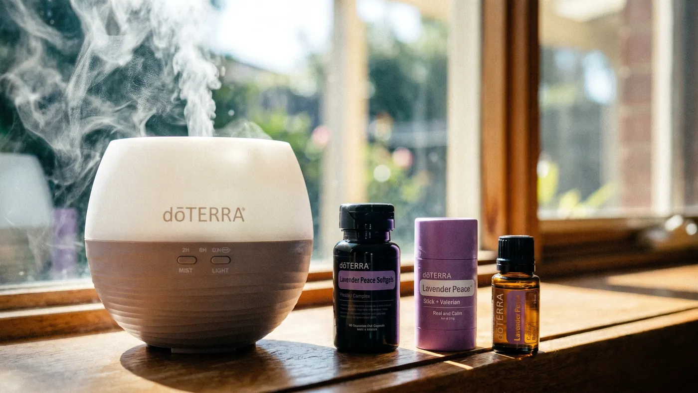 The dōTERRA Petal Diffuser misting on a sunlit windowsill beside the Lavender Peace products