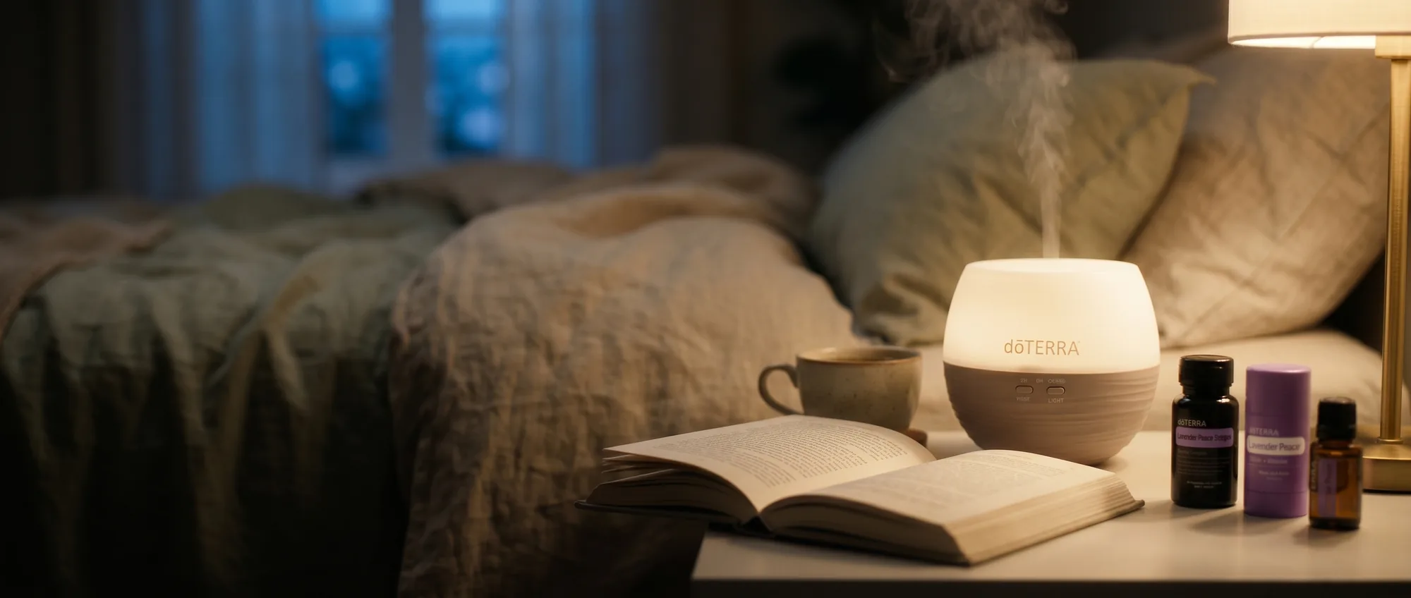 A calm bedside scene at night — a glowing diffuser misting beside an open book, a cup of tea, and the Sleep Well Pack