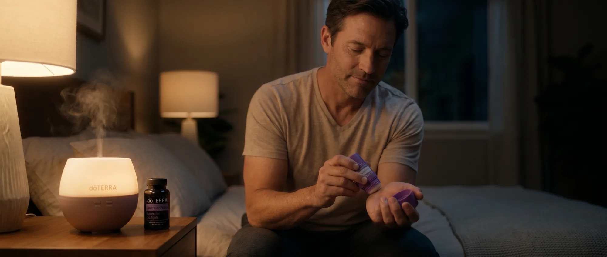 A man sitting on the edge of his bed at night applying a dōTERRA roll-on to his wrist, with a Petal Diffuser misting and Lavender Peace Softgels on the nightstand