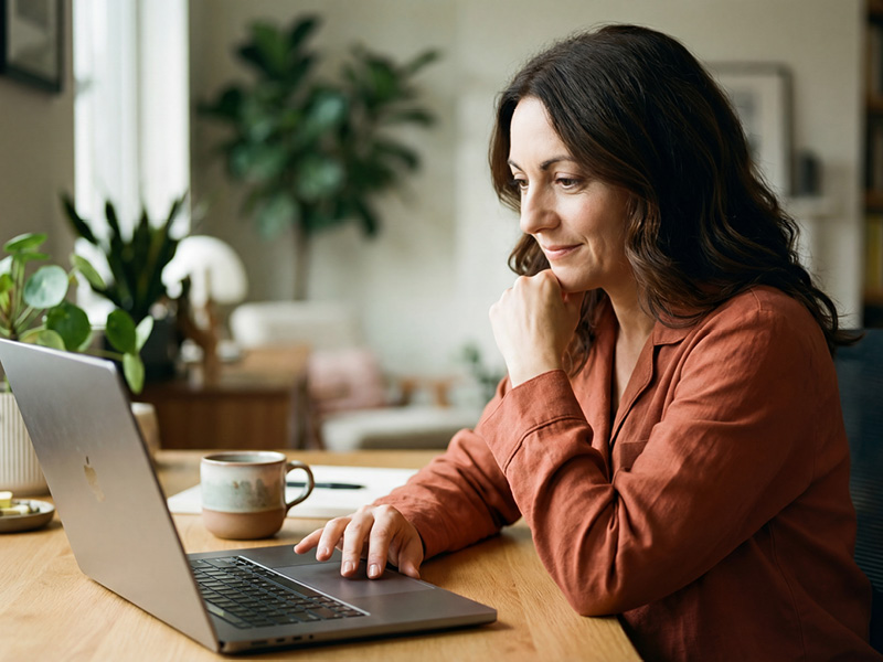 A woman taking the sleep assessment on her laptop