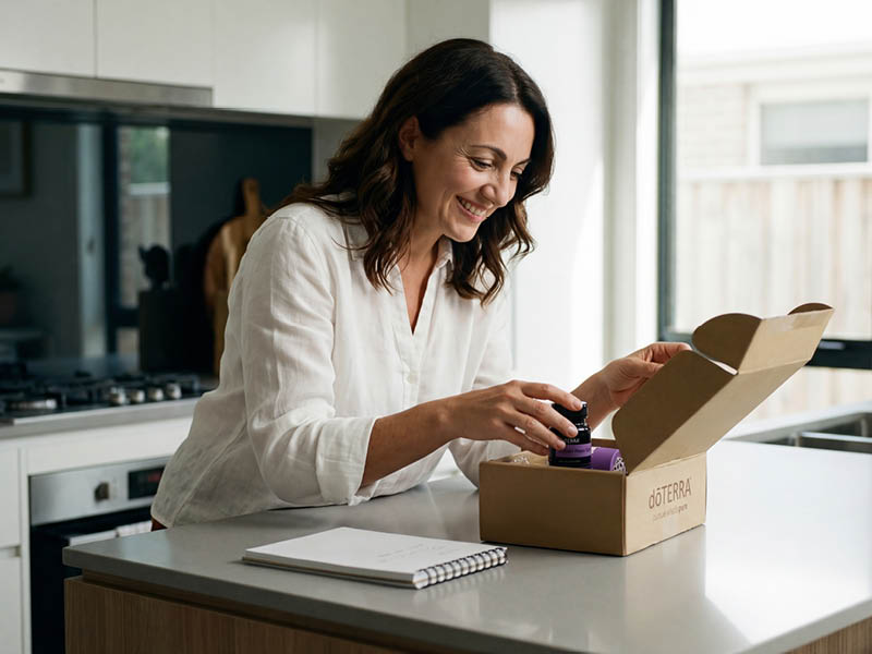 A woman unboxing the dōTERRA Sleep Well Pack