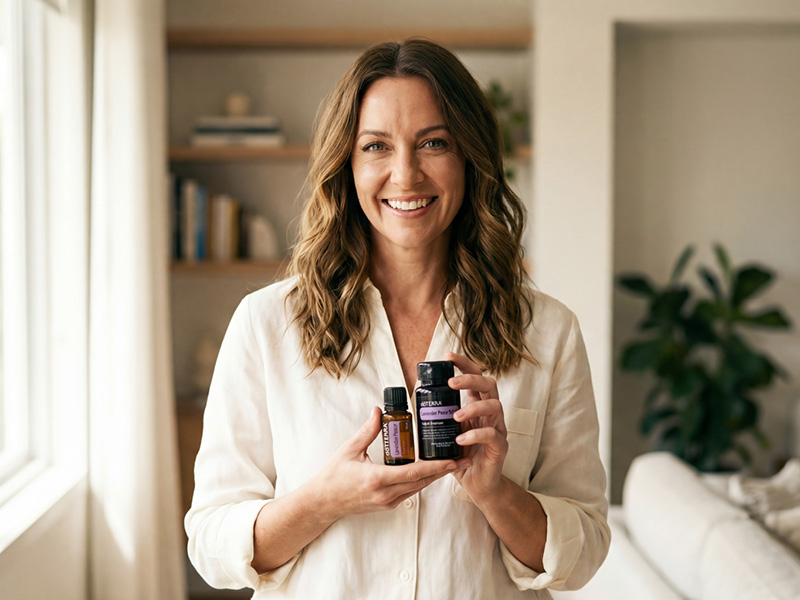 A woman holding dōTERRA products, smiling in a bright room