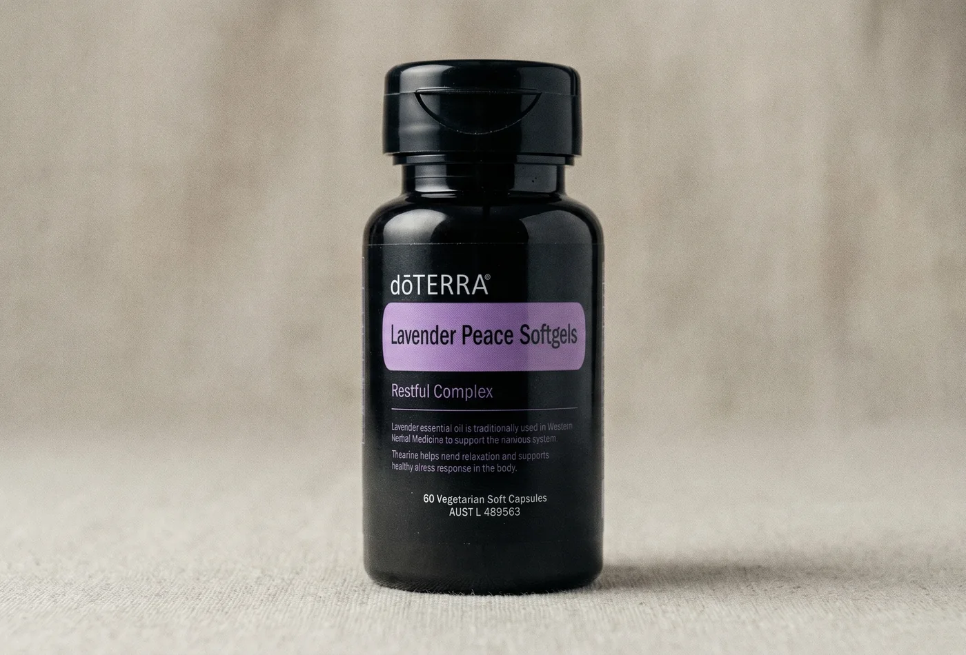 dōTERRA Lavender Peace Softgels bottle showing its ARTG listing number, AUST L 489563, on the label