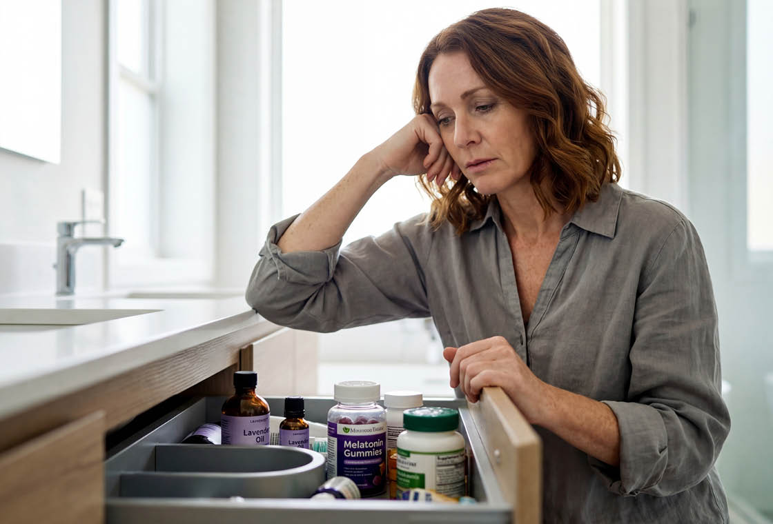A woman looking at a drawer full of half-used wellness products