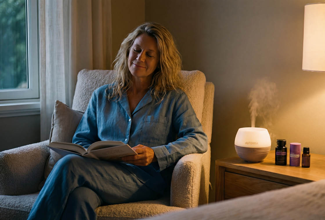 A woman reading calmly by lamplight before bed